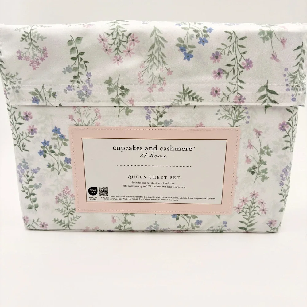 Cupcakes and Cashmere Queen Sheet‎ Set Floral Wildflower White Pink Purple 4pc